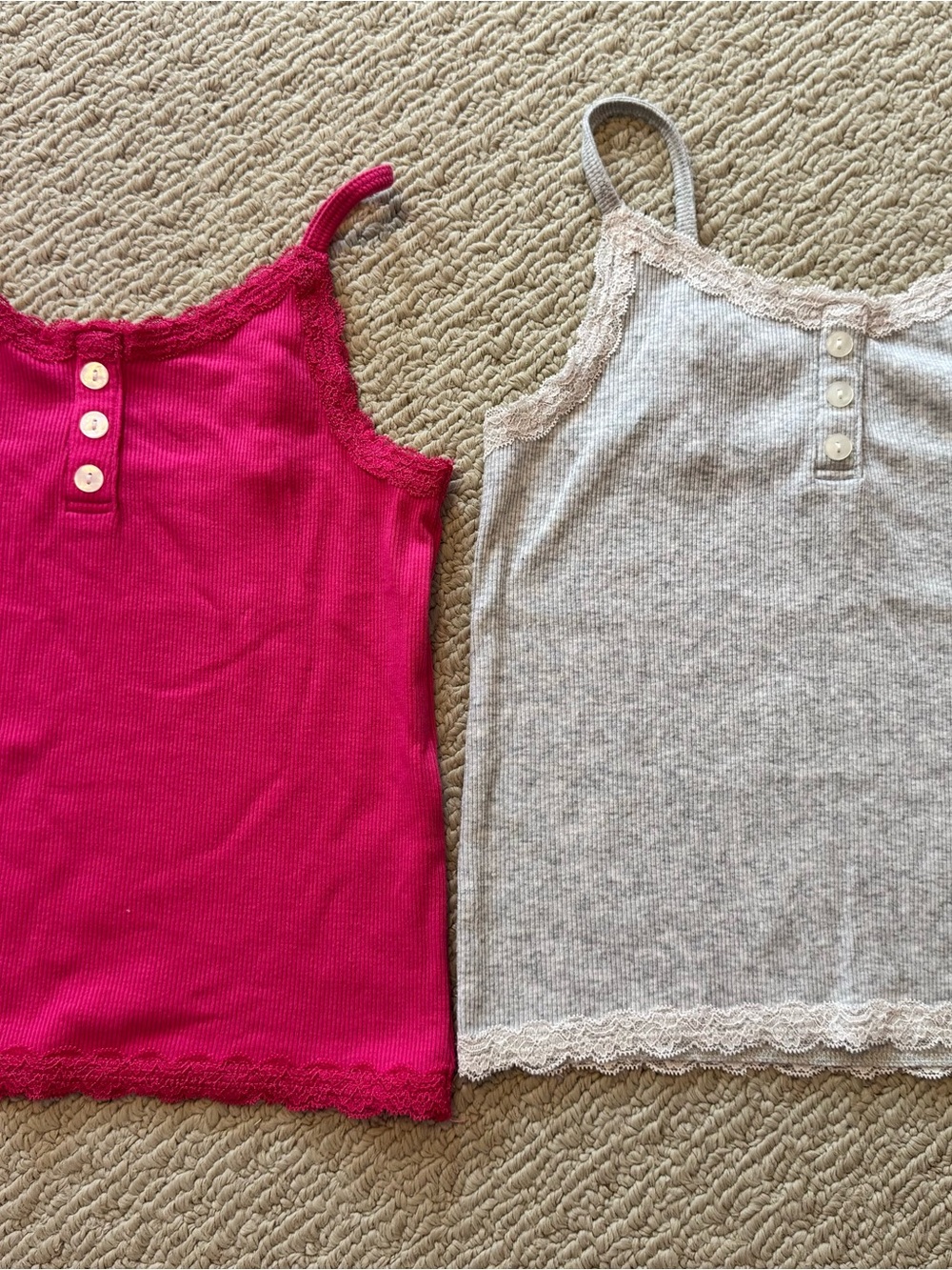 2 Abercrombie Kids Girls' Lace-Trim Ribbed Tank Tops - Pink and Grey Size 9/10